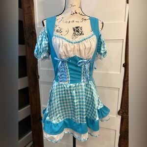 Charades Blue White Gingham Lace Up Dress Size L Cottagecore Mini Style